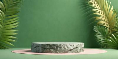 The primary subject of the image is a large, round, gray stone or rock. The stone is placed on a pink surface, which is situated on a green wall. The visual style of the image is a photo, and the colors and mood convey a sense of natural beauty and serenity.